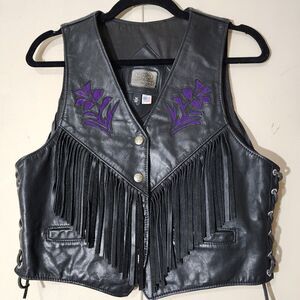 Vintage Kerr Leather Biker's Choice Vest Sz M Black Purple Suede Flower Tassels